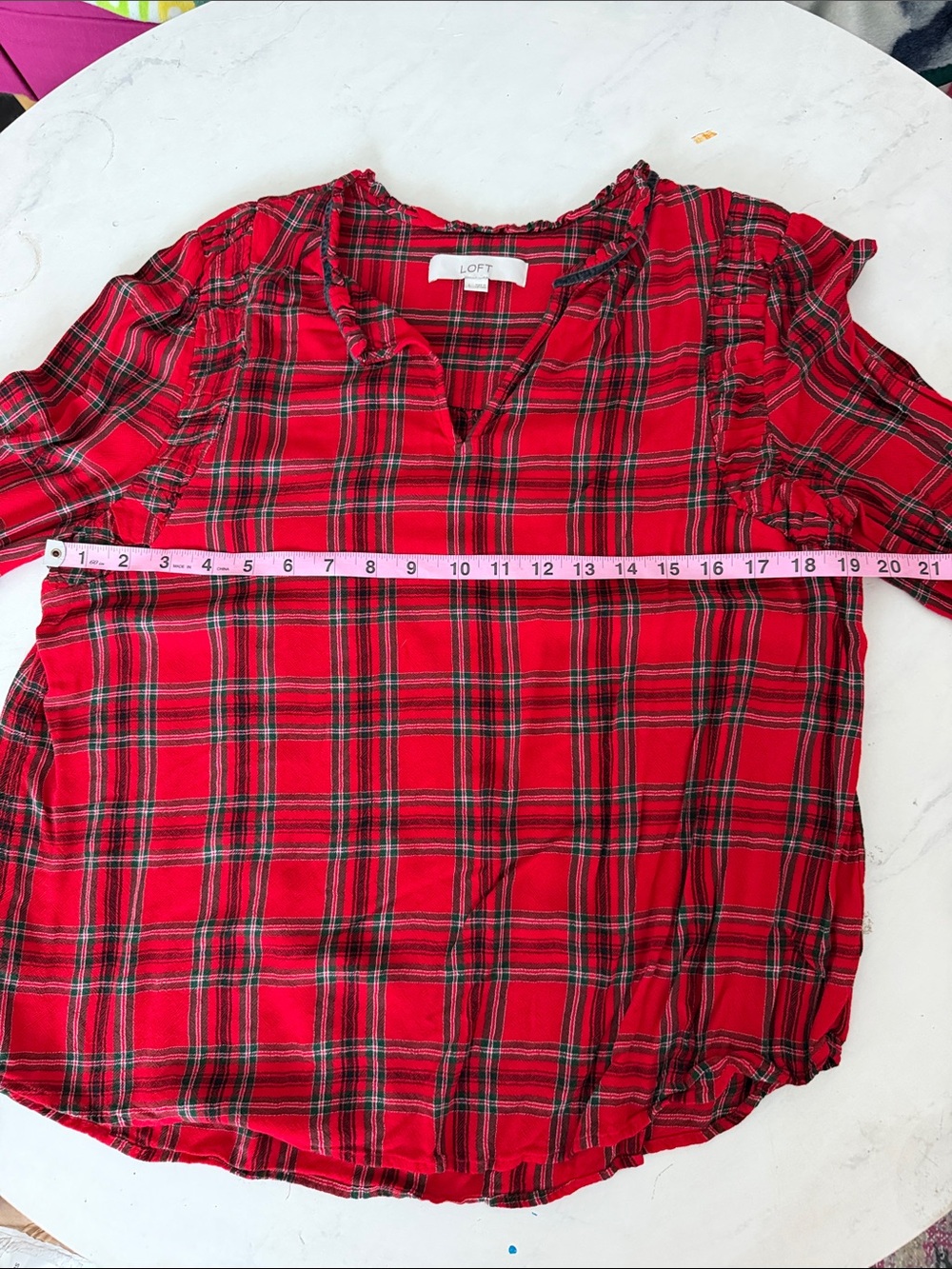 LOFT Red and Black Plaid V-Neck Long Sleeve Blouse - Picture 7 of 9